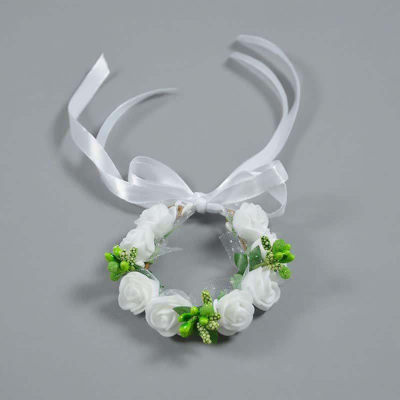 Solid Rosette Wrist Corsage - White Flowers Green Beads - 17CM - image 12