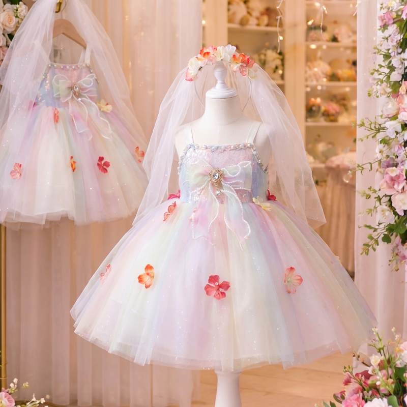 Mesh Rosette Sleeveless Midi Dresses With Veil - Rainbow - 4-5Y - image 1