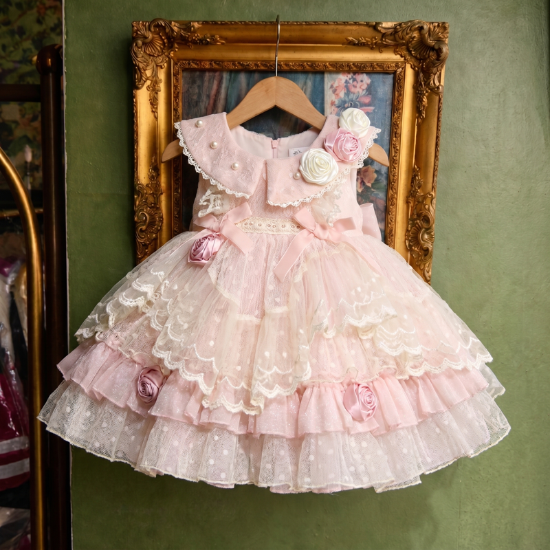 Mesh Rosette  Lace Edge Sleeveless Midi Dresses - Pink - 8-10Y - image 1