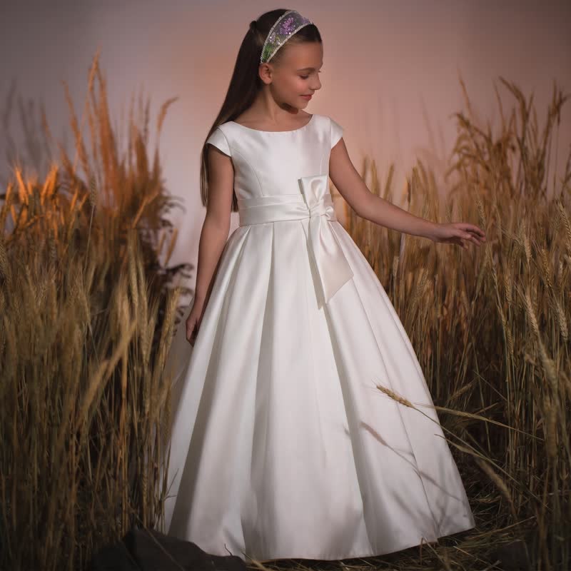 Satin Lace-up Cap Sleeve Maxi Dresses - Ivory - 11-12Y - image 3