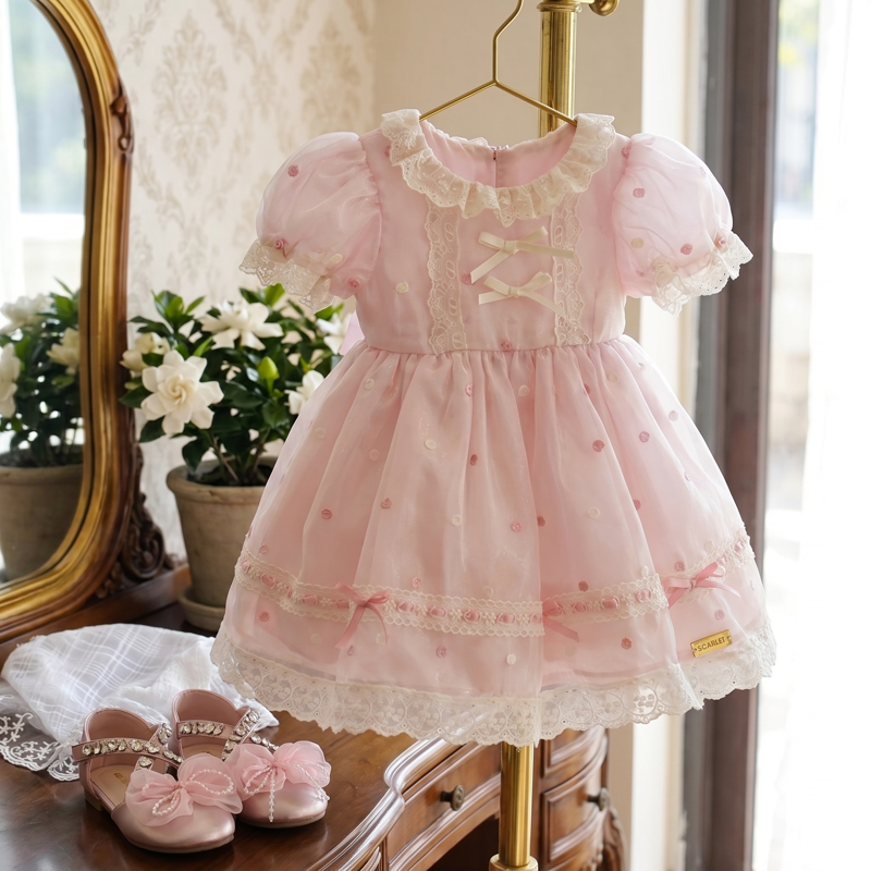 Organza Stitching Lace Short Sleeve Midi Dresses - Pink - 6Y - image 1