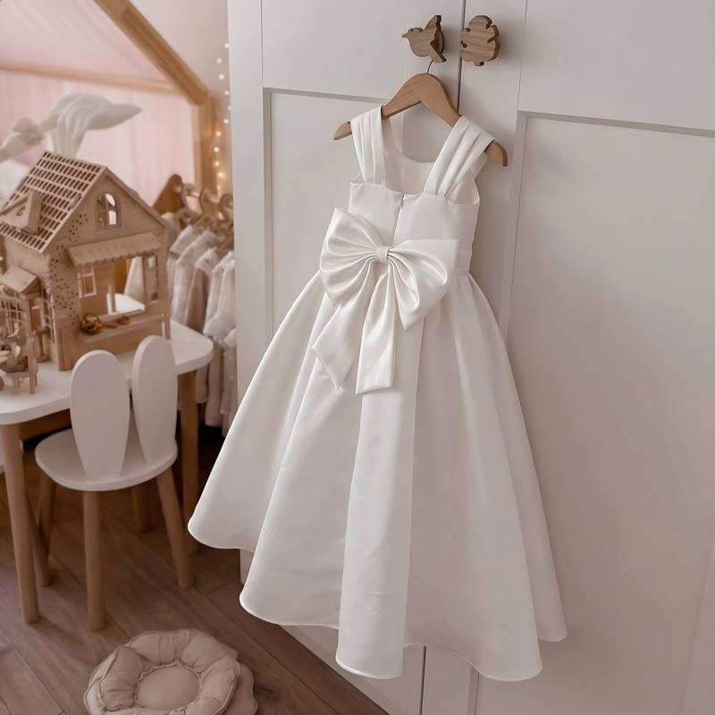 Satin Bow Sleeveless Maxi Dresses - White - 12-13Y - image 1