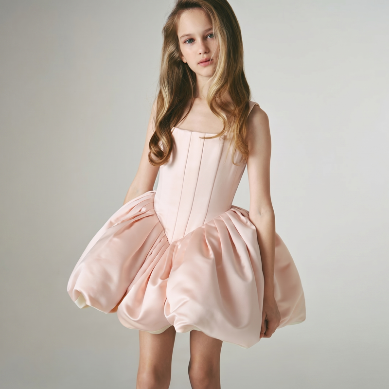 Satin Sleeveless Short Dresses - Champagne Pink - 9-10Y - image 1