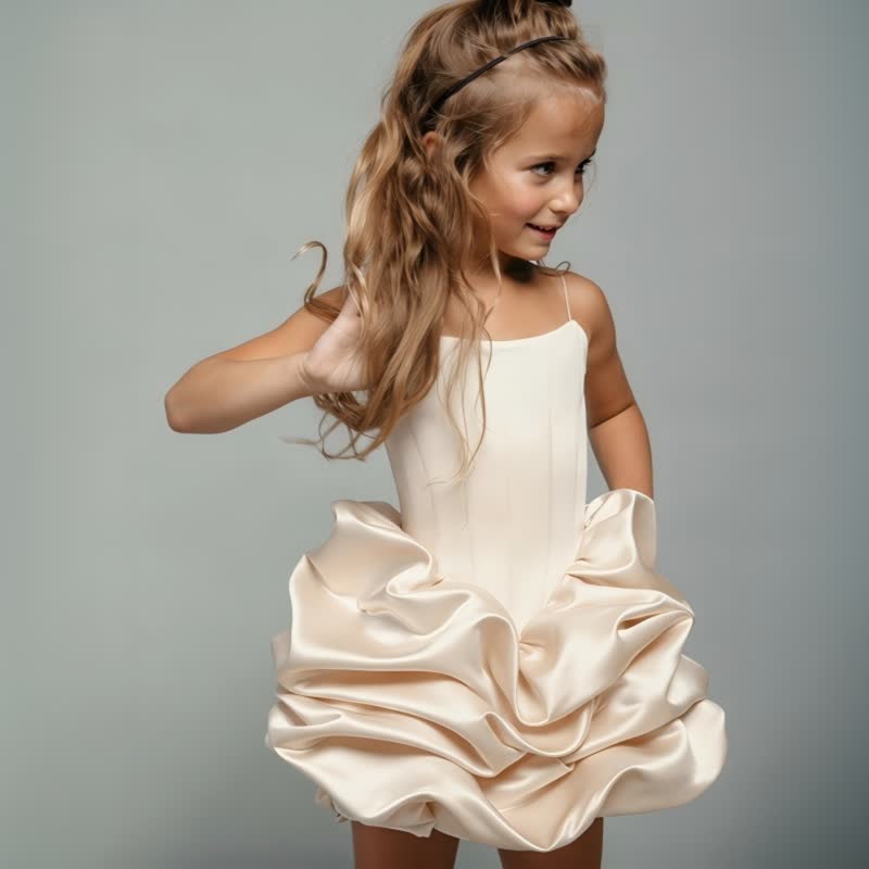 Satin Ruched Sleeveless Short Dresses - Champagne Apricot - 9-10Y - image 1