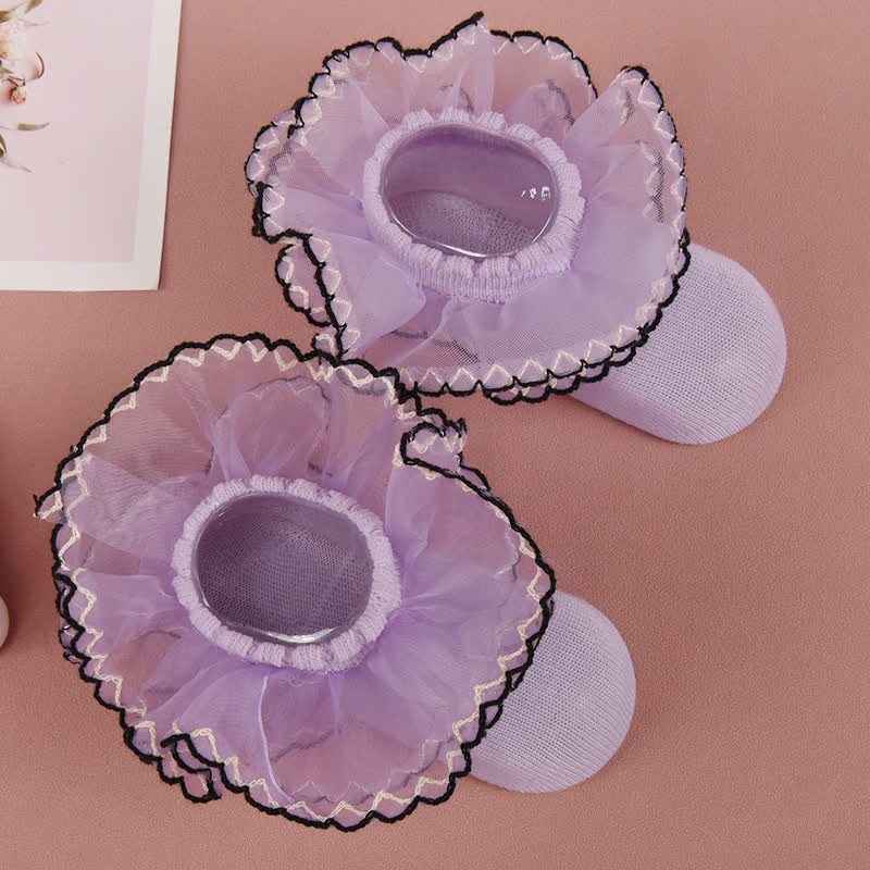 Solid Stitching Lace  Socks - Light Purple - 8-10Y - image 6