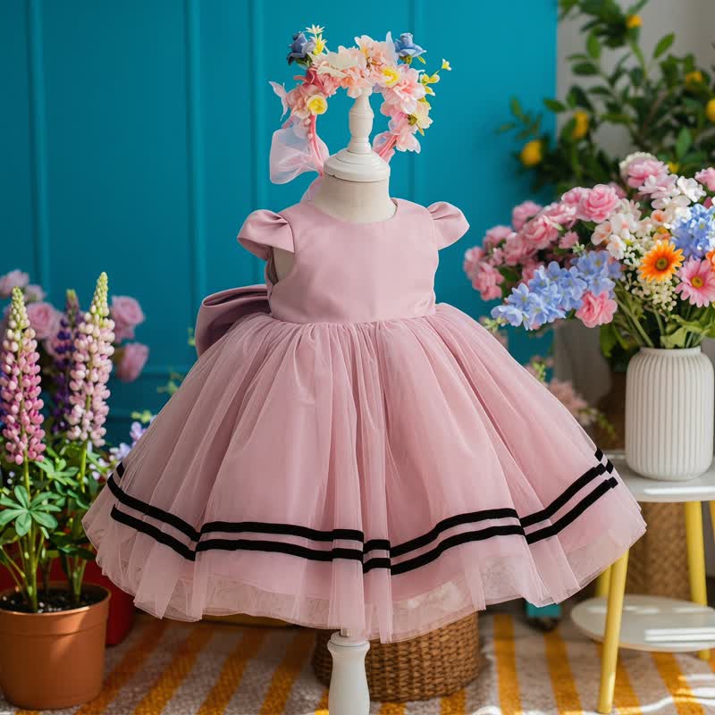 Mesh Bow Cap Sleeve Midi Dresses - Pink - 12-14Y - image 1