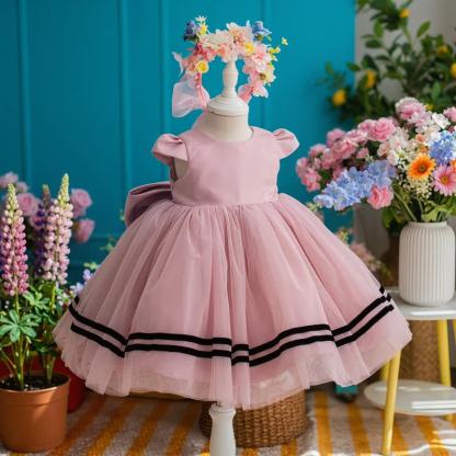 Mesh Bow Cap Sleeve Midi Dresses - Pink - 12-14Y - image 1
