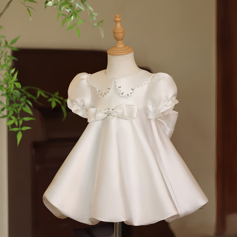 Satin Pearl Bow Short Sleeve Midi Dresses - image 3