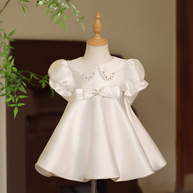 Satin Pearl Bow Short Sleeve Midi Dresses - White - 13-14Y - image 1