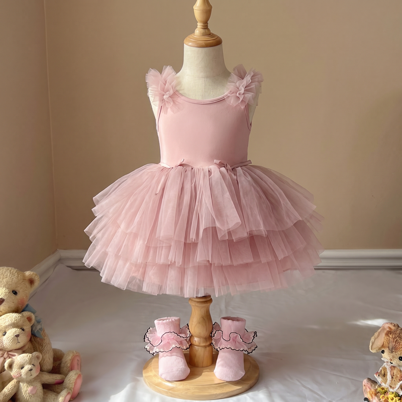 Mesh Tiered Sleeveless Midi Dresses - Pink - 4-5Y - image 1