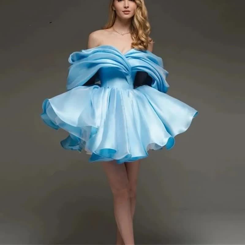 Satin Gathered Sleeveless Short Dresses - Sky Blue - US26W - image 6