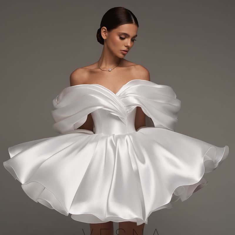 Satin Gathered Sleeveless Short Dresses - White - US26W - image 1