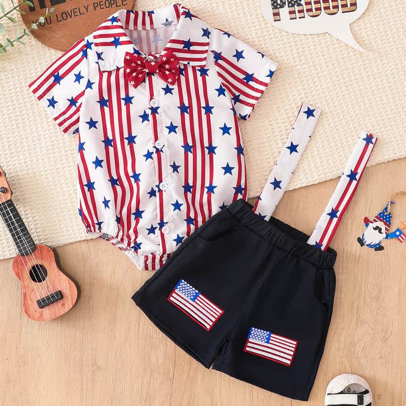 Cotton-blend Bow Short Sleeve Fifth Pants Two-piece Set - Red, White & Blue - 18-24M - image 1