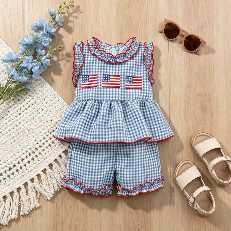 Cotton-blend Binding Sleeveless Shorts Two-piece Set - Light Blue - 3-4Y - image 1