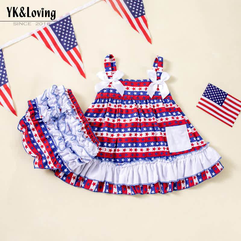 Cotton-blend Tiered Sleeveless Regular Two-piece Set - Red & White & Blue - 12-24M - image 1