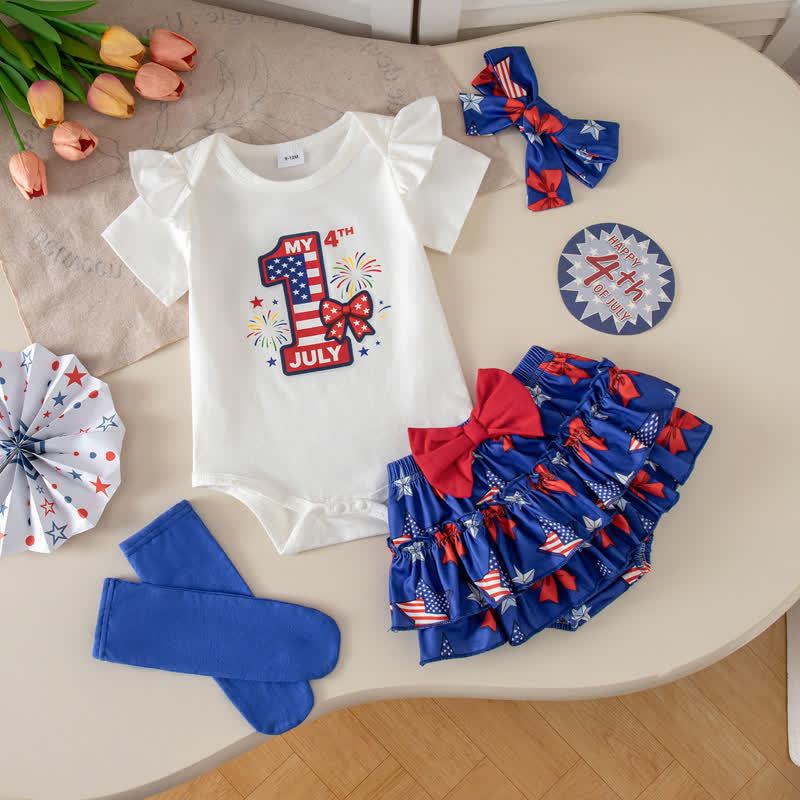 Cotton-blend Bow Short Sleeve Shorts Bodysuit With Shorts Headband And Socks - White and Blue - 12-18M - image 1
