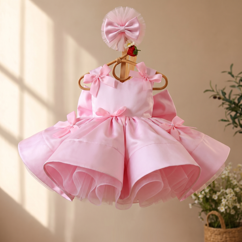 Satin Bow Sleeveless Midi Dresses - Pink - 8-9Y - image 1