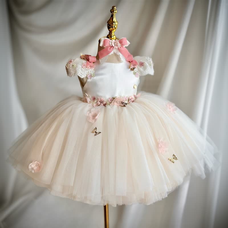 Satin Pearl Rosette Cap Sleeve Midi Dresses - Beige - 15-16Y - image 1
