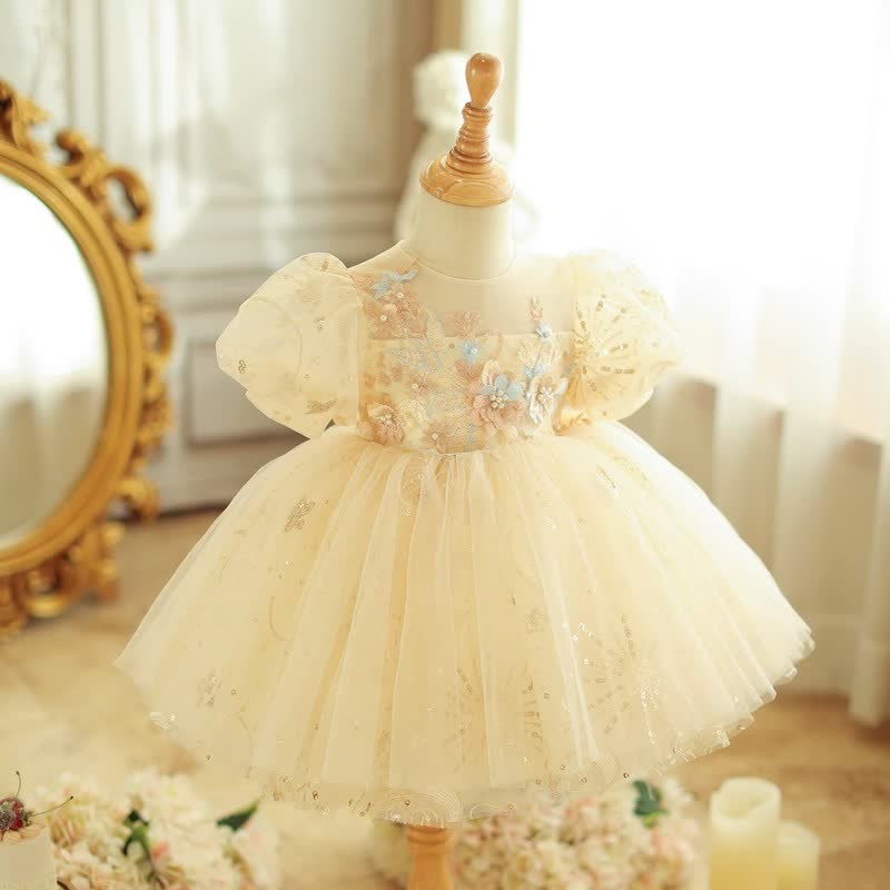 Organza Binding Short Sleeve Midi Dresses - Champagne - 7-8Y - image 1