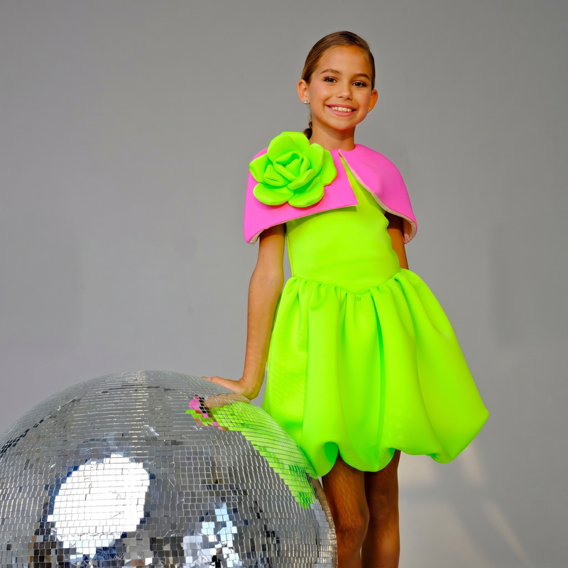 SCUBA KNIT Bow Rosette Short Sleeve Short Dresses - Fluorescent Green - 8Y - image 2