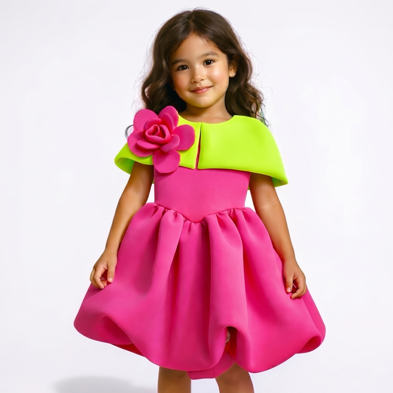 SCUBA KNIT Bow Rosette Short Sleeve Short Dresses - Rose - 8Y - image 5