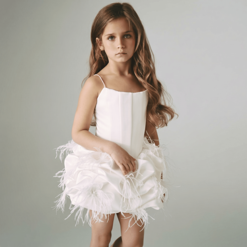 Satin Feather-trimmed Sleeveless Short Dresses - White - 9-10Y - image 1