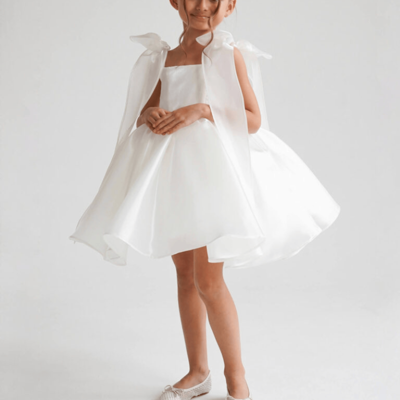 Satin Bow Sleeveless Short Dresses - White - 9-10Y - image 1