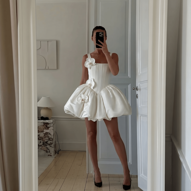 Women Satin Rosette Sleeveless Short Dresses - White - XL - image 1