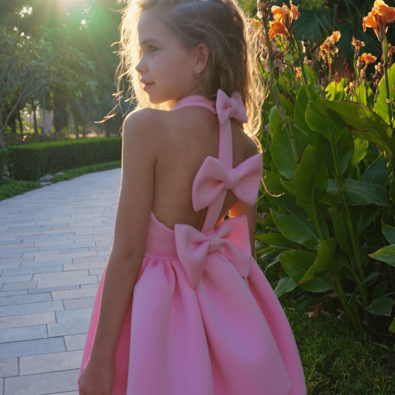 SCUBA KNIT Bow Short Sleeve Short Dresses - Pink - 7Y - image 2