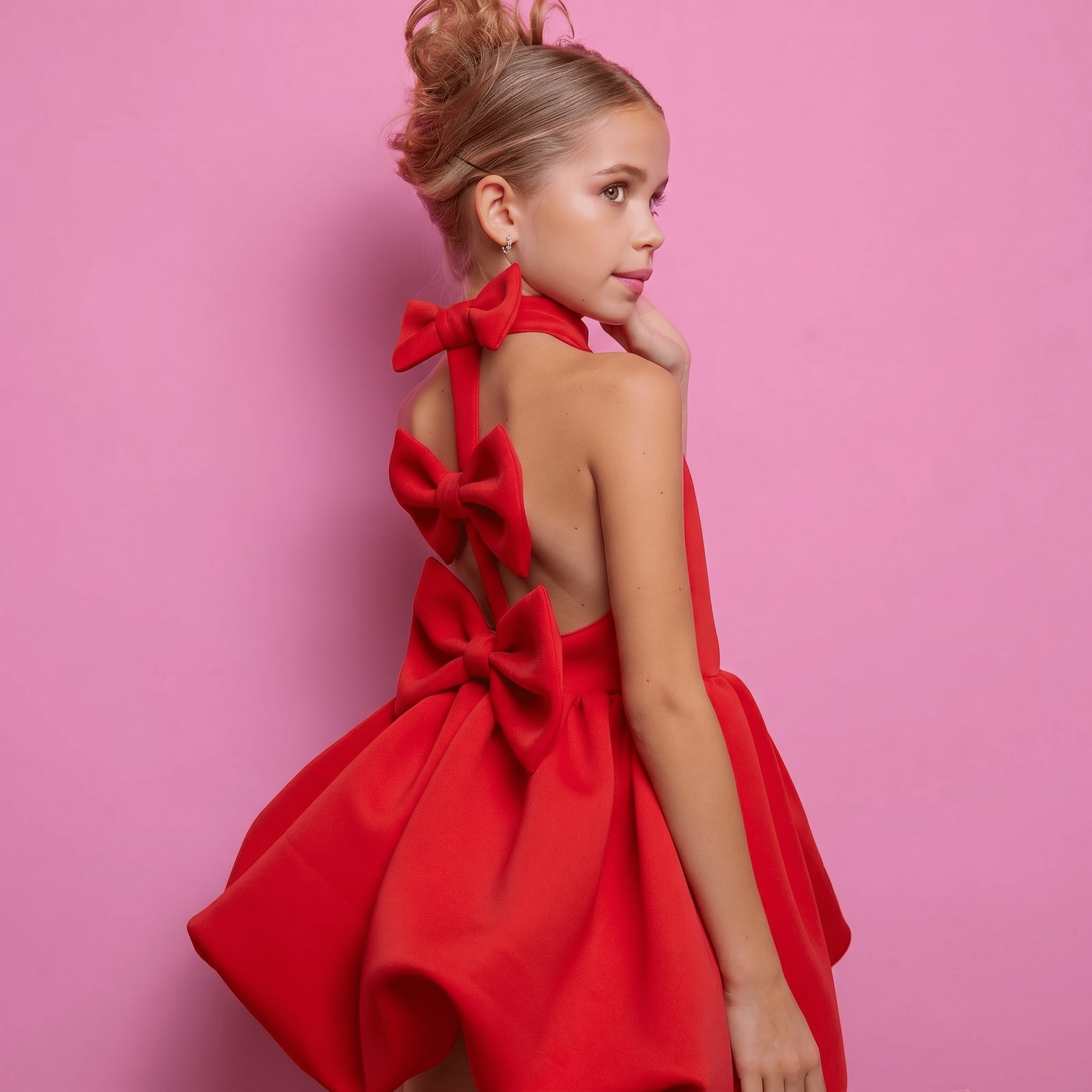 SCUBA KNIT Bow Short Sleeve Short Dresses - Red - 7Y - image 14