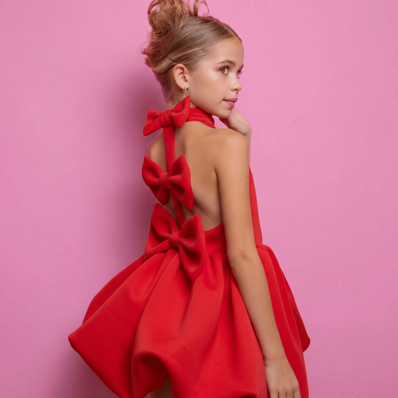 SCUBA KNIT Bow Short Sleeve Short Dresses - Red - 7Y - image 14