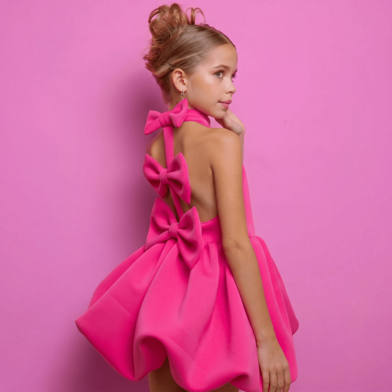 SCUBA KNIT Bow Short Sleeve Short Dresses - Magenta - 7Y - image 18