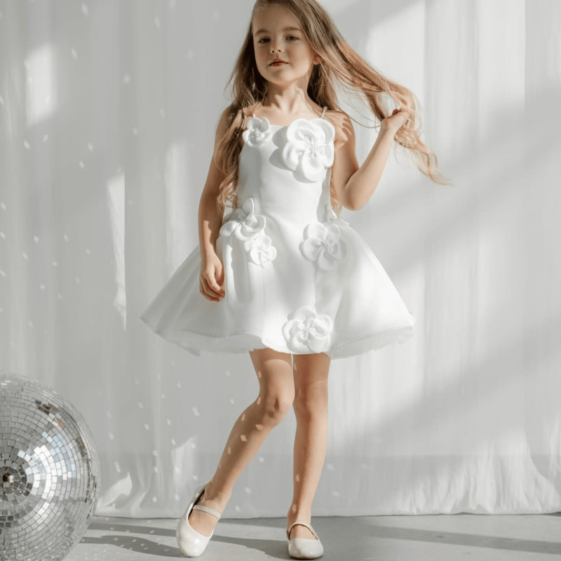 Satin Rosette Sleeveless Short Dresses - White - 8Y - image 1