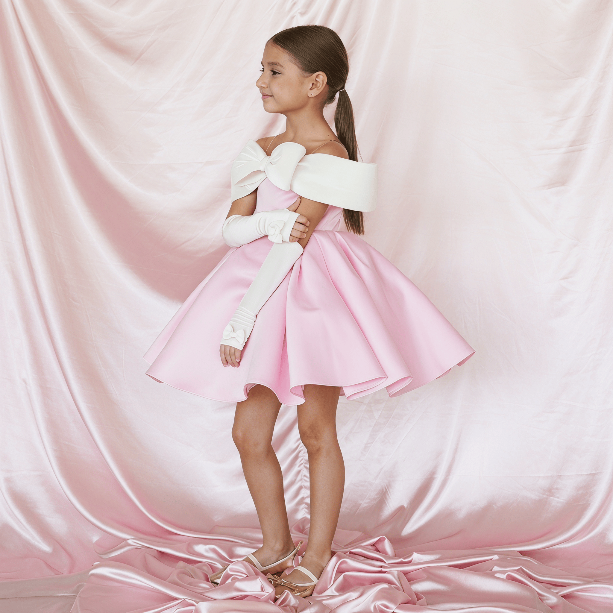 Satin Bow With Gloves  Dresses - Pink - 9Y-10Y - image 1