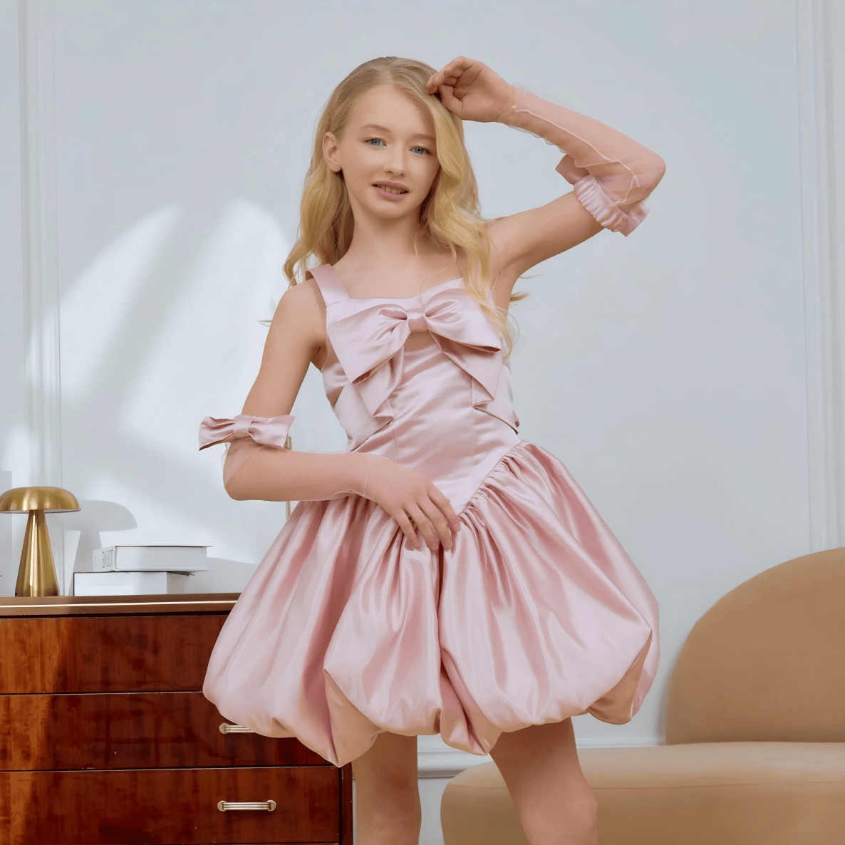 Satin Bow Sleeveless Short Dresses - Pink - 14-15Y - image 1