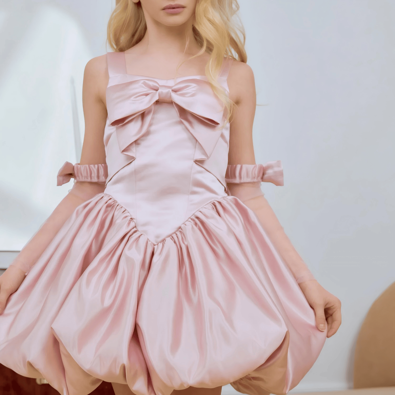 Satin Bow Sleeveless Short Dresses - image 4