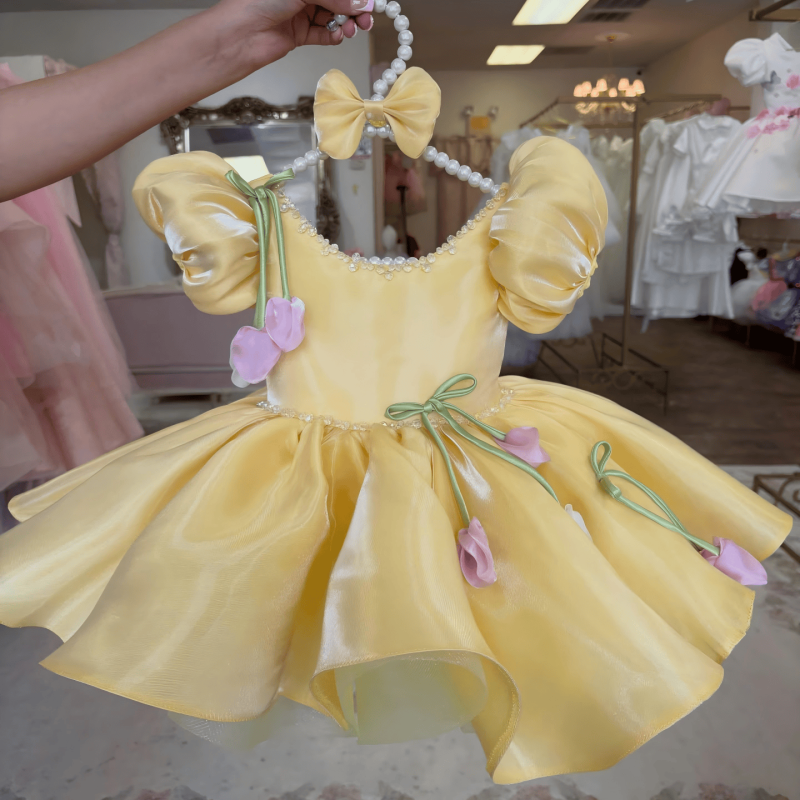 Organza Rosette Short Sleeve Midi Dresses - Yellow - 15-16Y - image 1