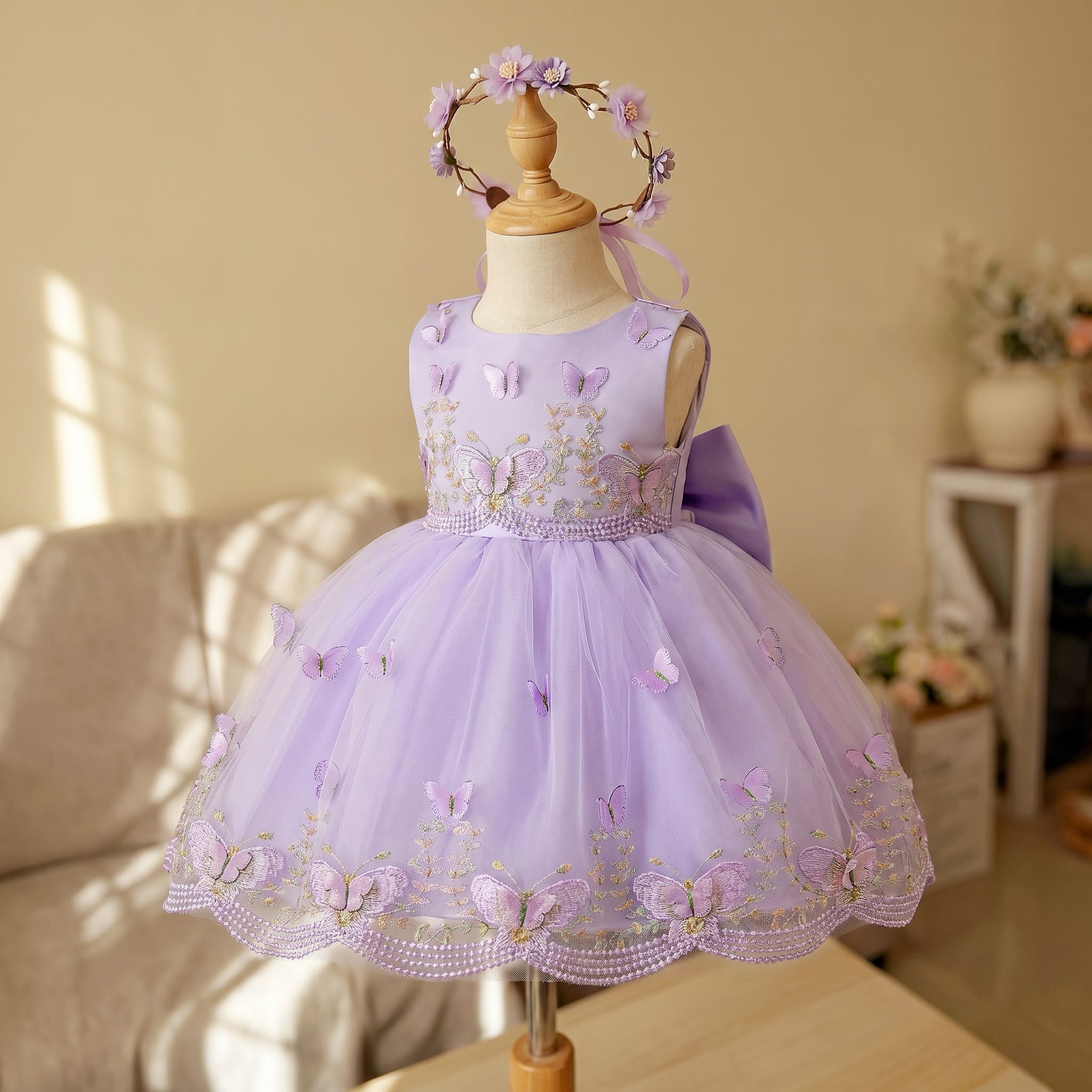 Mesh Butterfly Sleeveless Midi Dresses - Light Purple - 2-3Y - image 1