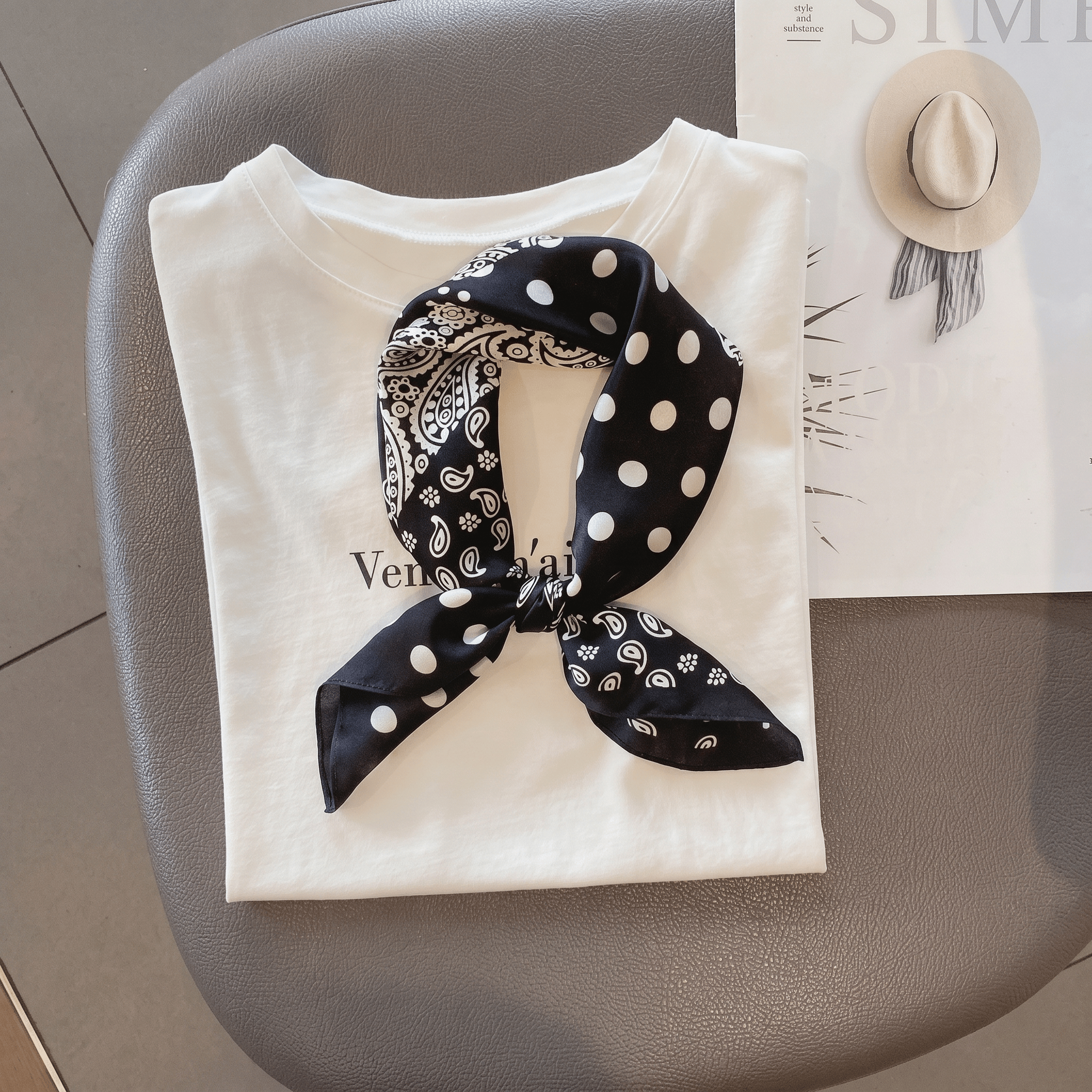100% Mulberry Silk Polka Dots Polka Dots Scarf - Black Base White Polka Dot & Paisley Print - 53cm*53cm - image 8