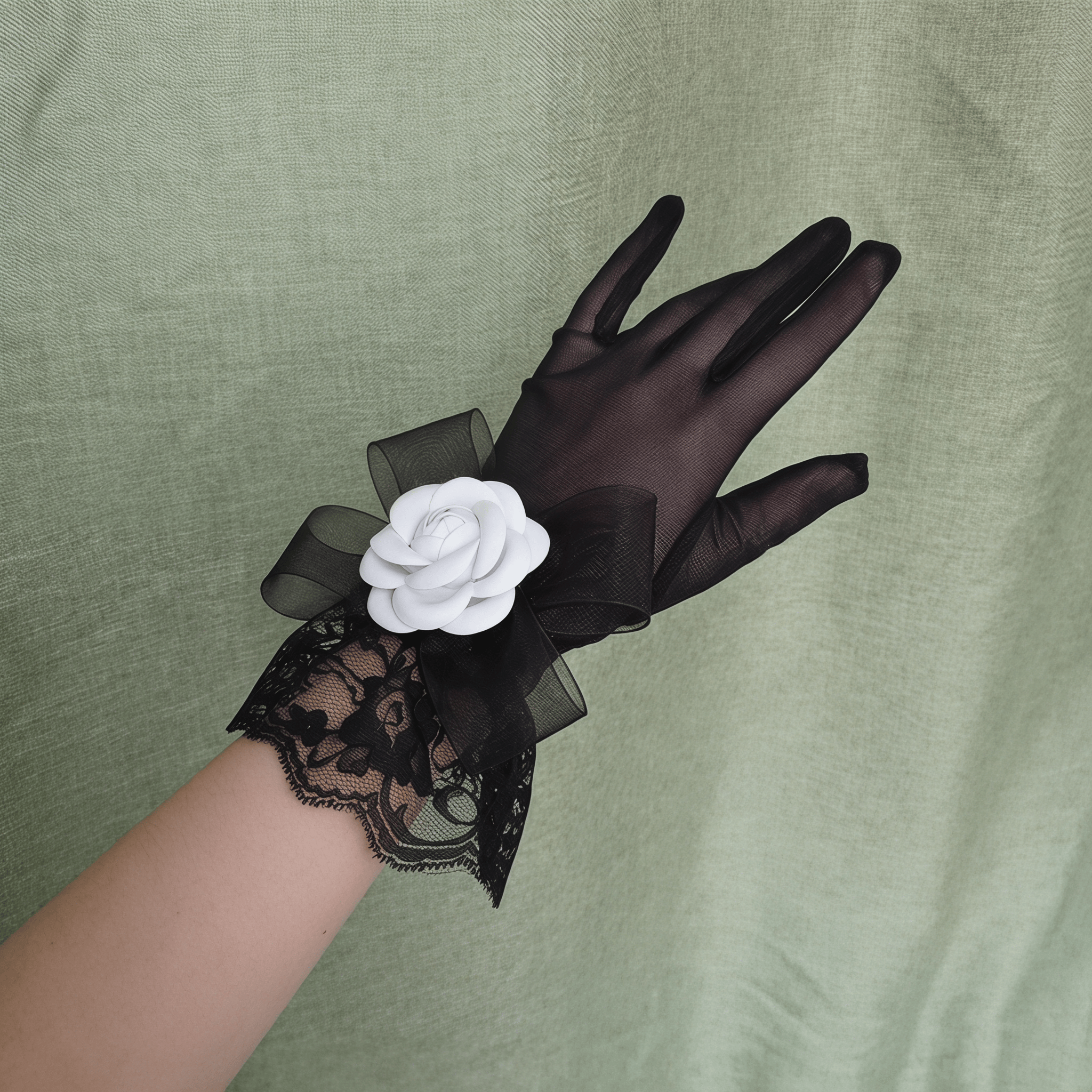 Camellia Gloves - Black Lace Trim - 7-16Y - image 1