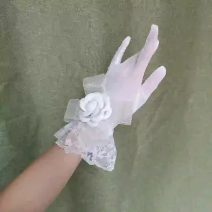 Camellia Gloves - White Lace Trim - 7-16Y - image 3