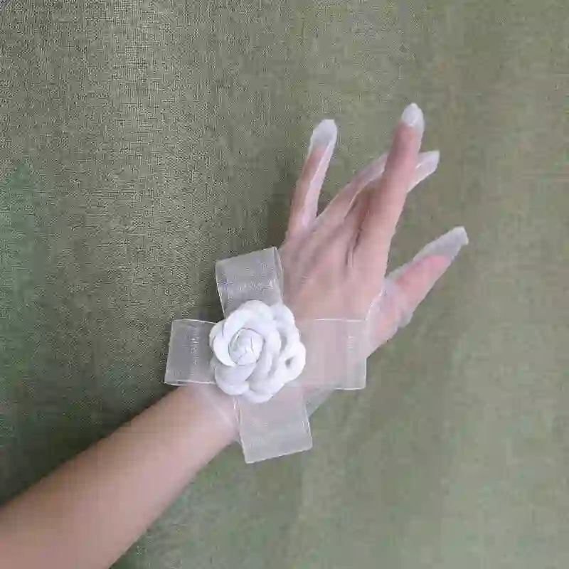 Camellia Gloves - White Sheer Style - 7-16Y - image 5
