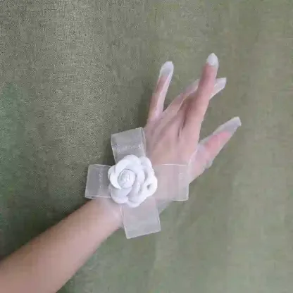 Camellia Gloves - White Sheer Style - 7-16Y - image 5