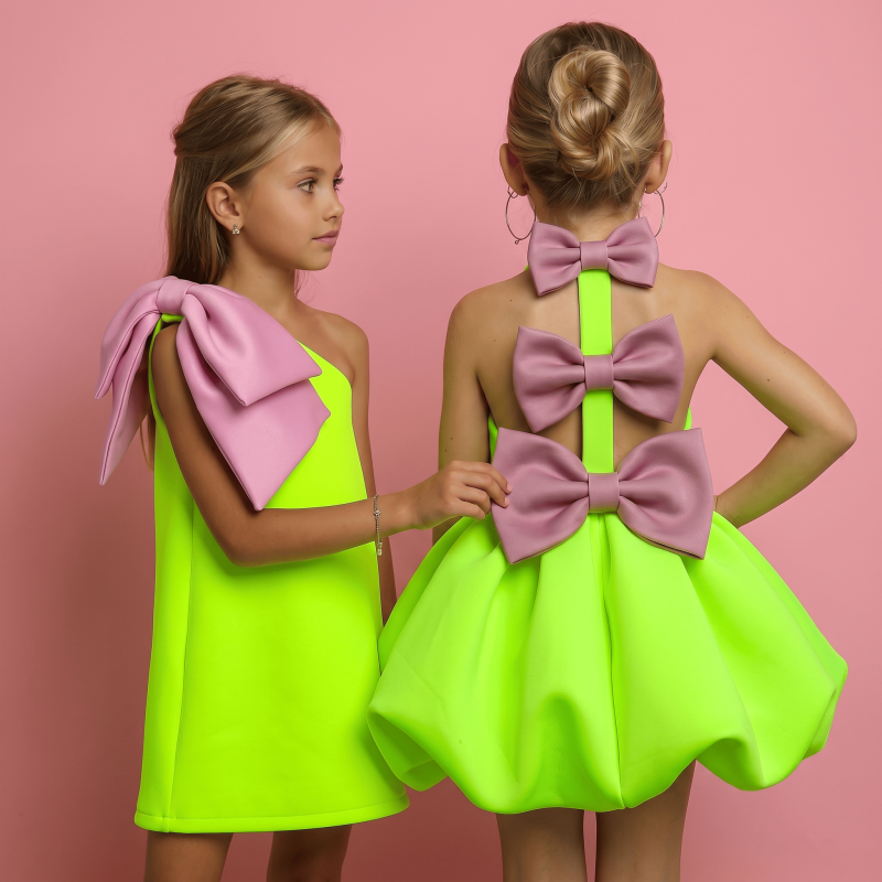 SCUBA KNIT Bow Sleeveless Short Dresses - Fluorescent Green - 9-10Y - image 1