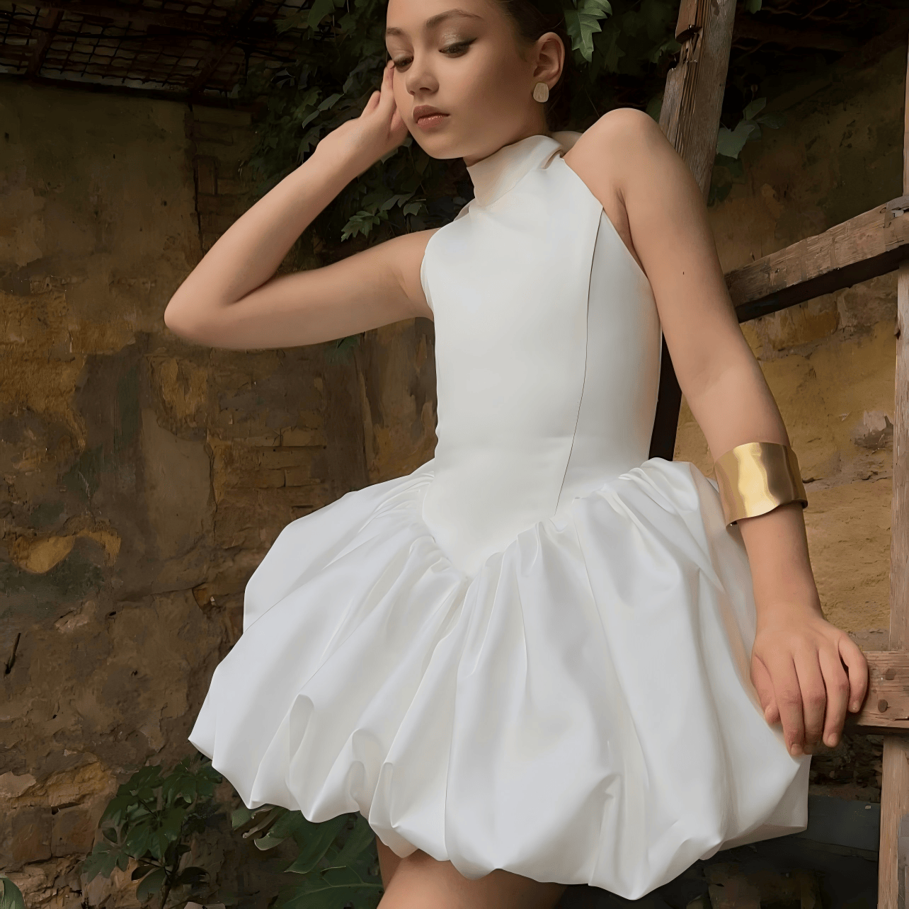 Satin Gathered Sleeveless Short Dresses - White - 14-15Y - image 1