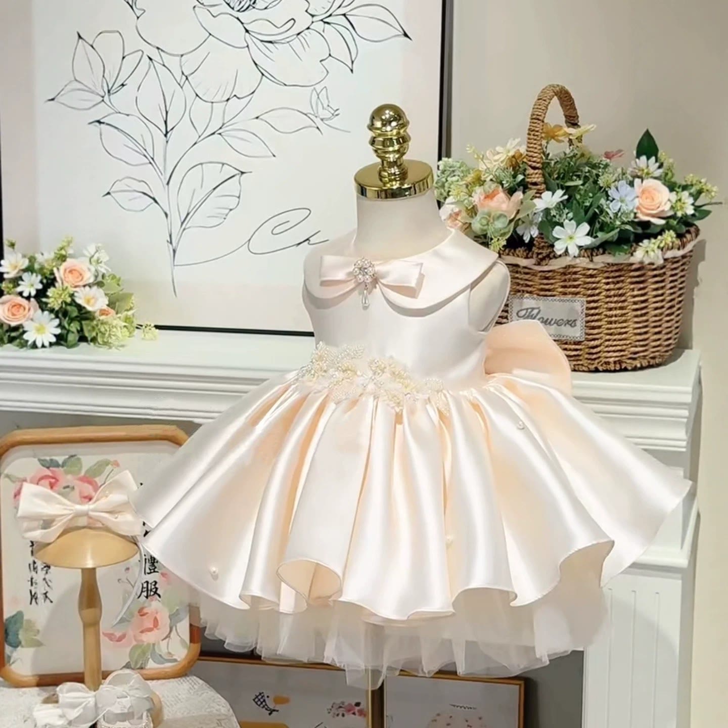 Satin Bow Sleeveless Midi Dresses - Champagne  - 8-9Y - image 1