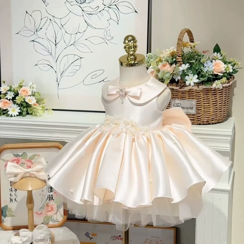 Satin Bow Sleeveless Midi Dresses - Champagne  - 8-9Y - image 1