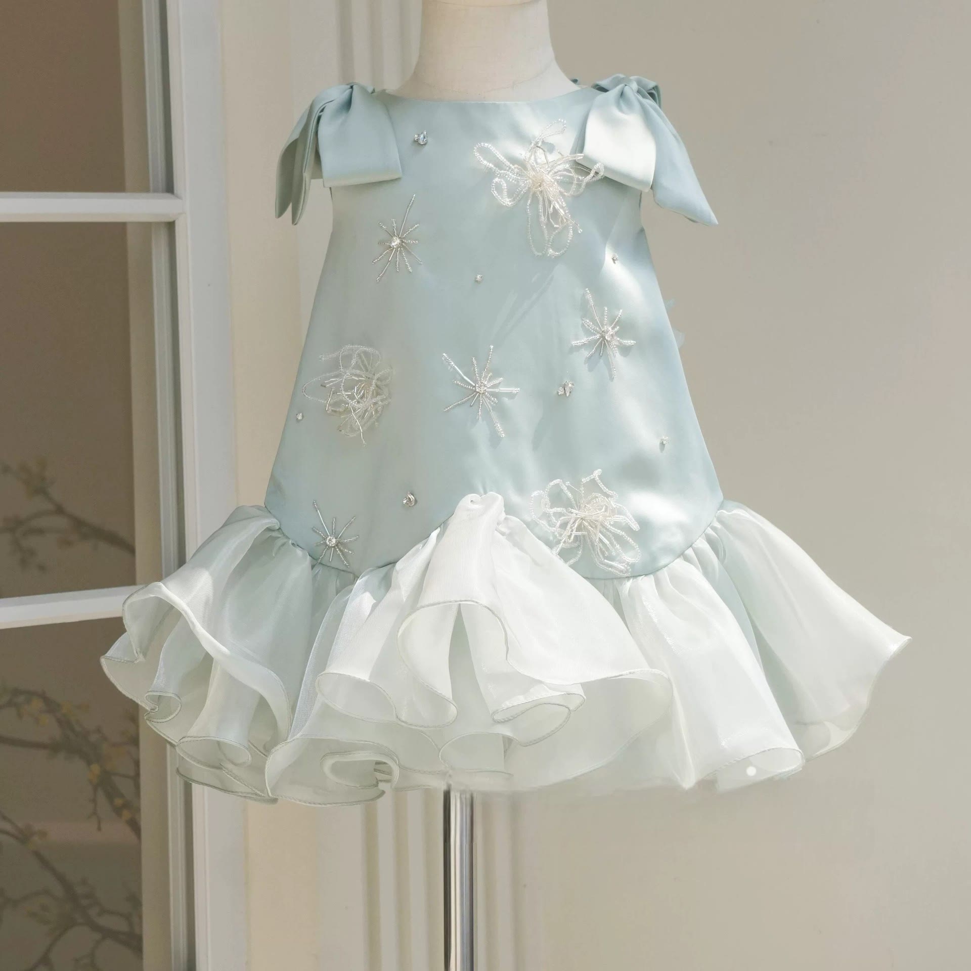 Satin Rosette Sleeveless Midi Dresses - Light Blue - 8-9Y - image 1
