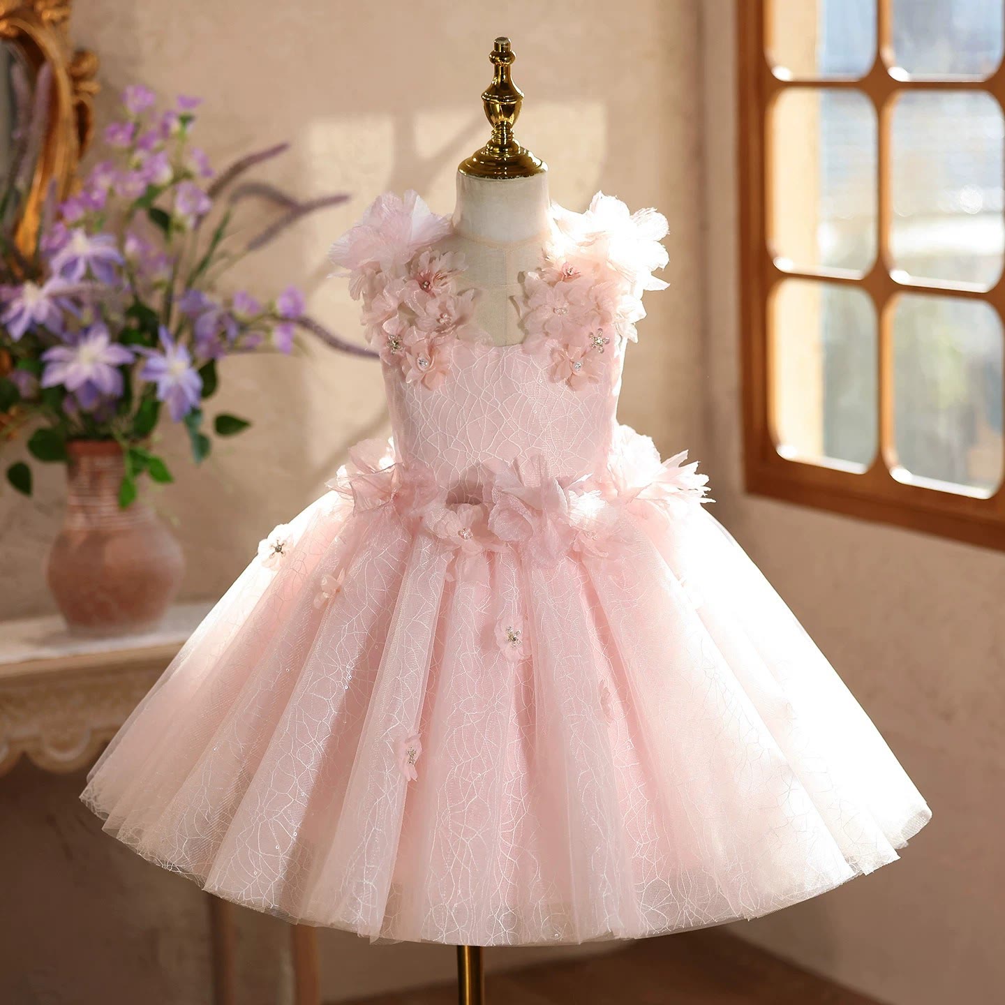 Mesh Rosette Sleeveless Midi Dresses - Pink - 8-9Y - image 1