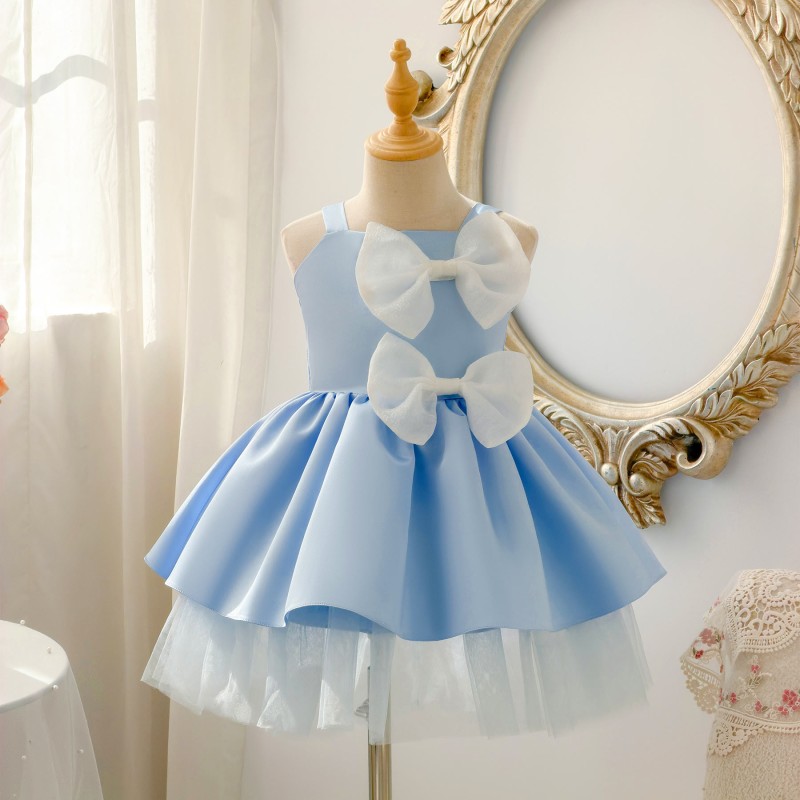 Satin Bow Sleeveless Midi Dresses - Light Blue - 11-12Y - image 1